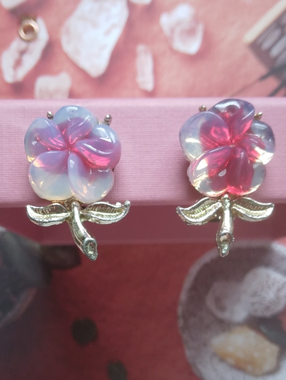 Floral Iridescent White and Red Flower Stud Clip On Earrings